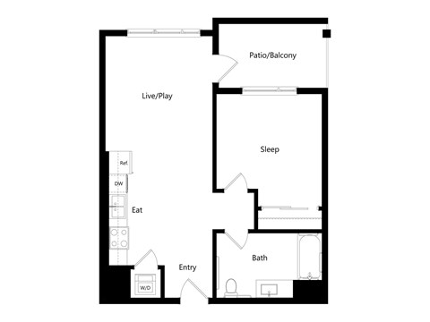 A floor plan of a house with a living room, dining room, kitchen, bedroom, bathroom, and balcony.
